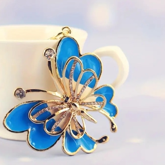 Bedazzled Blue & Gold Butterfly Bag Charm, Key chain w Crystals - Picture 1 of 1